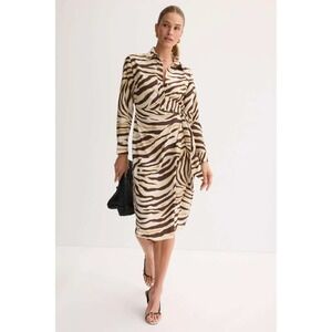 Lauren Ralph Lauren Zebra Print Tie Waist Shirt Dress Brown Tan Size 12